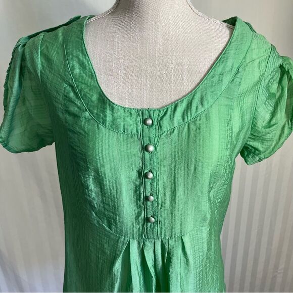 H&M Green Silky Peasant Button Front Popover Short Sleeve Blouse Women’s Size 8 - Picture 4 of 10